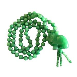 Green Jade Beaded Tassel Pendant Necklace Carved Elephant Silk Knotted 92 Gram